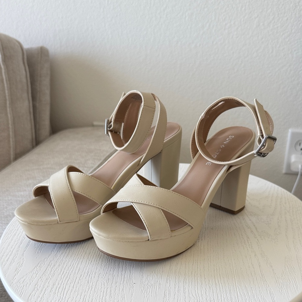 Sun + Stone Tan Block Heel Sandals